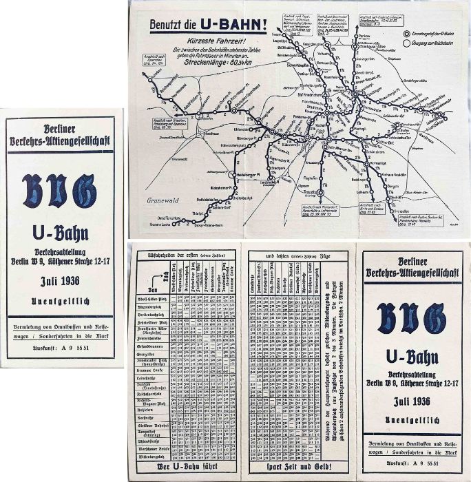 1936 Berlin UNDERGROUND (U-BAHN) POCKET MAP. A fold-out, thin card map dated July 1936 and issued by