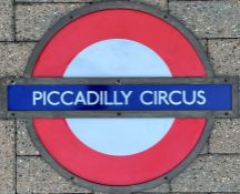 London Underground enamel PLATFORM ROUNDEL SIGN from Piccadilly Circus Station on the Bakerloo and