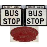 Pair of Cardiff Corporation bus/trolleybus items comprising a 2-sided cast-alloy BUS/TROLLEYBUS STOP