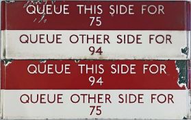Pair of London Transport bus stop enamel Q-PLATES for routes 75 and 94, one plate from each side