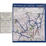 c1910/11 Metropolitan Electric Tramways pocket MAP OF ROUTES and Particulars of Services. Includes