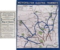 c1910/11 Metropolitan Electric Tramways pocket MAP OF ROUTES and Particulars of Services. Includes