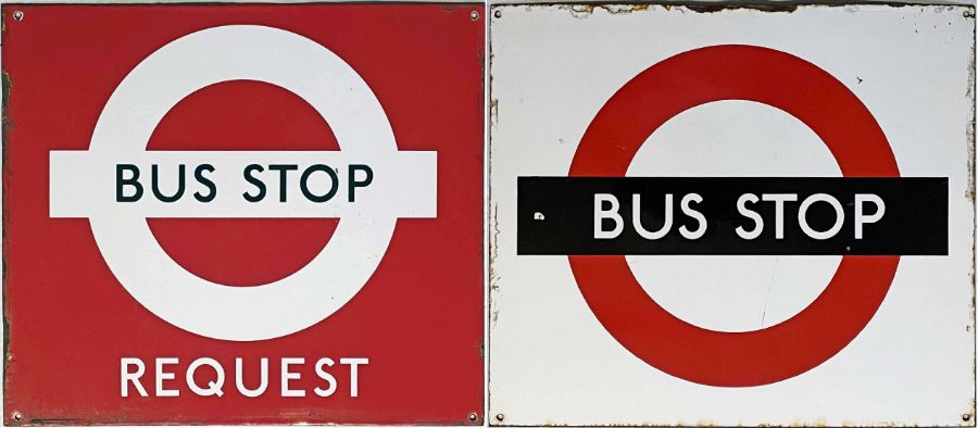 Pair of London Transport 1940s/50s enamel BUS STOP SIGNS, one request and one compulsory. Made in