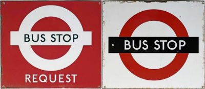 Pair of London Transport 1940s/50s enamel BUS STOP SIGNS, one request and one compulsory. Made in