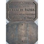 Stratford-upon-Avon and Midland Junction Railway cast-iron SIGN' Beware of Trains. Trespassers