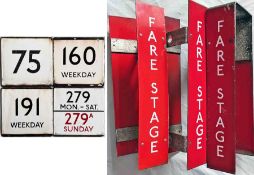 Selection (7 items) of London Transport bus stop items comprising 4 x enamel E-PLATES for routes 75,