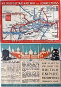 1924 Metropolitan Railway small POCKET CARD MAP "How to get to and from the British Empire