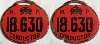 c1906 London bus conductor's double-sided enamel LICENCE BADGE no 18,630. Designed to hang from