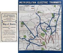 c1910/11 Metropolitan Electric Tramways pocket MAP OF ROUTES and Particulars of Services. Includes