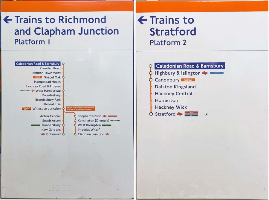 Pair of London Overground enamel PLATFORM DIAGRAMS from Caledonian Road & Barnsbury station on the