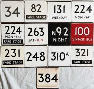 Selection (13) of London Transport bus stop enamel E-PLATES comprising routes 34, 82 Fare Stage, 131