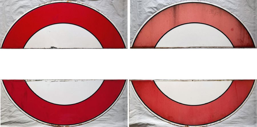 Two pairs of 1930s/40s London Underground enamel 'HALF-MOONS' from platform bullseye signs. Both