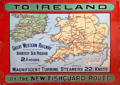 c1906 Great Western Railway (GWR) enamel ADVERTISING POSTER 'To Ireland by the new Fishguard