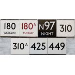 Selection (7) of London Transport bus stop enamel E-PLATES comprising 180 Weekday, 180A Sunday (