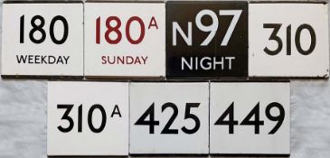 Selection (7) of London Transport bus stop enamel E-PLATES comprising 180 Weekday, 180A Sunday (