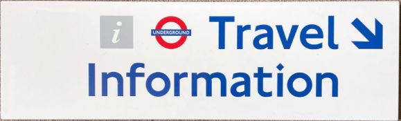 London Underground ENAMEL SIGN 'Travel Information' with small roundel logo, 'i' symbol and angled