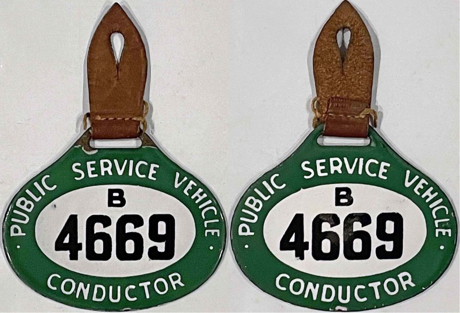 1930-35 double-sided enamel PSV BADGE for a B Area (Yorkshire) conductor. Comes with leather