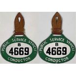 1930-35 double-sided enamel PSV BADGE for a B Area (Yorkshire) conductor. Comes with leather