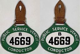 1930-35 double-sided enamel PSV BADGE for a B Area (Yorkshire) conductor. Comes with leather