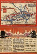 1924 Metropolitan Railway small POCKET CARD MAP "How to get to and from the British Empire