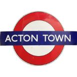 1930s London Underground enamel PLATFORM BULLSEYE SIGN from Acton Town station on the District &