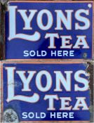 Enamel ADVERTISING SIGN for Lyons Tea. Double-sided with flange for wall-fixing. Measures 18" x