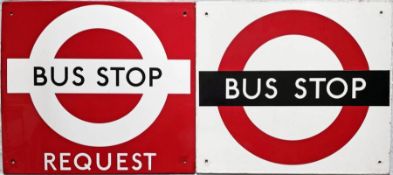 Pair of London Transport 1950s/60s single-sided enamel BUS STOP FLAGS. These are the less-common,