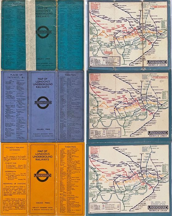 Trio of 1930s London Underground 'Stingemore' linen-card POCKET MAPS comprising c1930 issue (bluey-