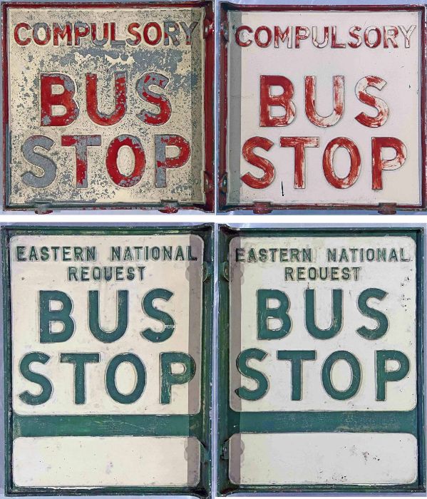 Pair of 1950s Eastern National double-sided, cast-alloy BUS STOP FLAGS, one compulsory and one