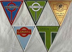 Selection (5) of RADIATOR TRIANGLE BADGES, 4 are enamel, comprising red and green London RT bus