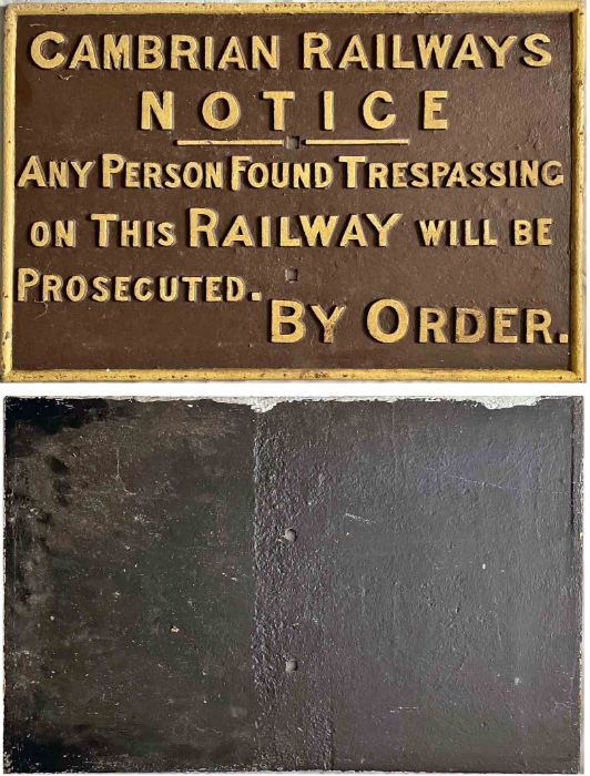Cambrian Railways cast-iron TRESPASS NOTICE "Any person found trespassing on this railway....".