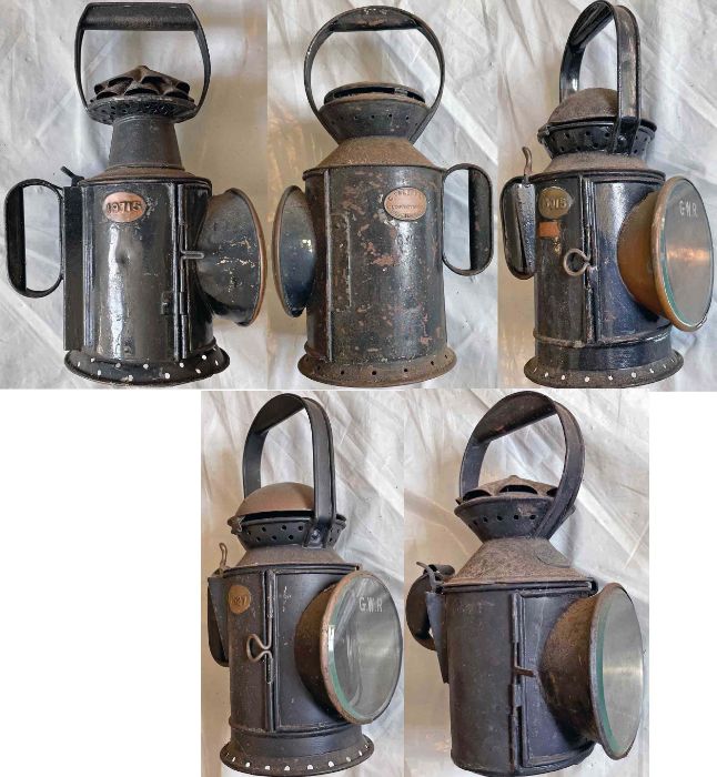 Selection (5) of RAILWAY HANDLAMPS, all believed to be ex-GWR, 3 are so marked. One is a 'Copper
