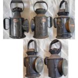 Selection (5) of RAILWAY HANDLAMPS, all believed to be ex-GWR, 3 are so marked. One is a 'Copper