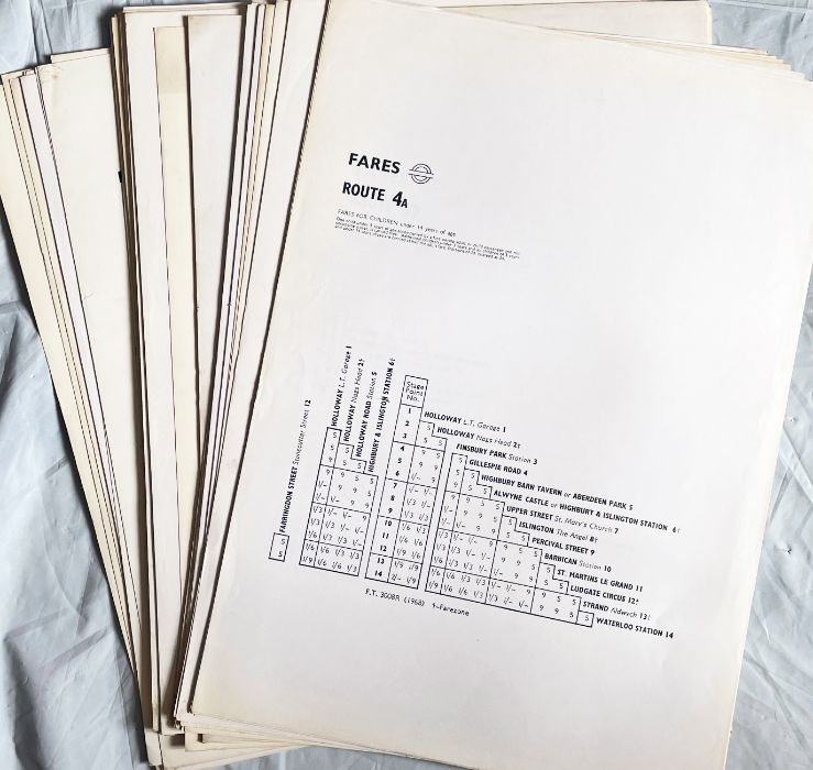 Large quantity (c60) of 1960s London Transport RT-bus FARECHARTS from the Central Area and for