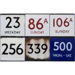 Selection (6) of London Transport bus stop enamel E-PLATES comprising routes 23 Weekday, 86A