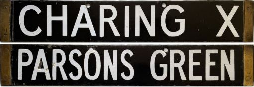 London Underground Q-Stock enamel CAB DESTINATION PLATE Charing X [Charing Cross]/Parsons Green on