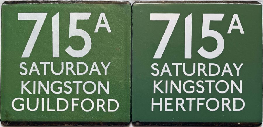 Pair of London Transport/London Country coach stop enamel E-PLATES for Green Line route 715A, one