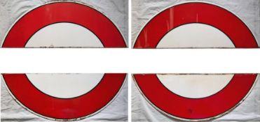 Two pairs of 1930s/40s London Underground enamel 'HALF-MOONS' from platform bullseye signs. Both