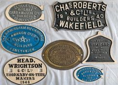 Selection (7) of RAILWAY WAGON PLATES, 6 are cast-iron, 1 is brass. A variety of builders, all are