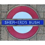 London Underground enamel PLATFORM ROUNDEL SIGN from Shepherd's Bush Station on the Central Line.