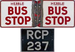 Pair of Hebble Motor Services items comprising a 2-sided enamel BUS STOP FLAG (13.5" x 10" - 34cm