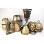 A selection of copper, brass and metal ware, to include a 19th century cast iron door porter