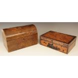 A 19th century burr walnut tea caddy, of rectangular domed form, the hinged cover opening to a