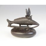 An Egyptian style Bronze Oxyrhynchus (medjed fish), modelled as a fish with horned headdress on an