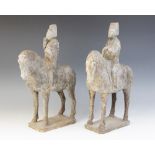 Two Chinese pottery figures on horseback, possibly Tang dynasty, each horse modelled on four legs