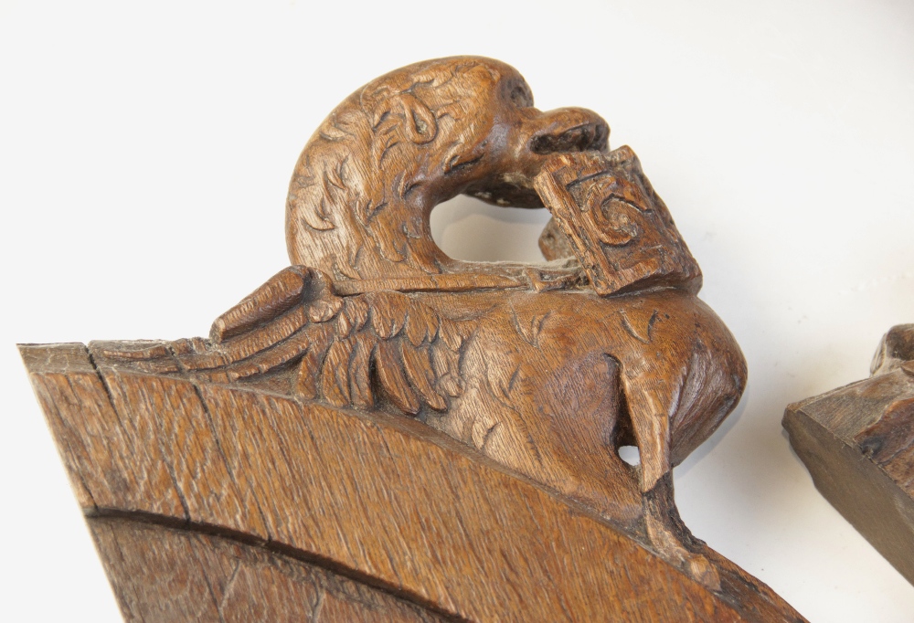 A 15th century carved pew end section, carved with a grotesque bird, 22.5cm high and another similar - Image 2 of 5