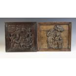 A 17th century carved oak fragment panel of the annunciation, later mounted, 28cm H x 29.5cm W,