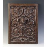 A 16th century carved oak panel, designed as a male in high relief surrounded by scrolling foliage