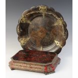 A Victorian brass mounted papier mache swing handled dish, 19th century, the faux burr walnut dish