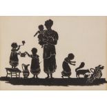 English School, early 20th Century, A silhouette depicting a family at leisure, Pen and ink on